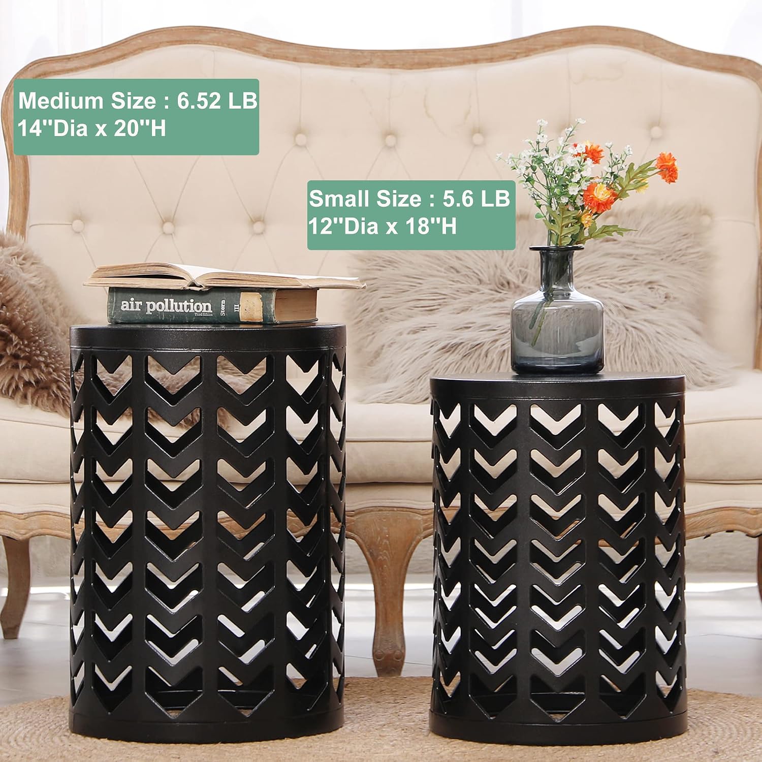 Y&M Set of 3 Metal Round Coffee Accent Table, Side Table End Table for Indoor Outdoor Multifunctional Use,Heavy Duty Metal Plant Stand Decorative Garden Stool- Black(Ship from US)