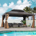 oneinmil 12' X 16' Permanent Hardtop Gazebo Aluminum Gazebo, Galvanized Steel Double Roof for Patio Lawn and Garden, Brown Curtains and Netting Included