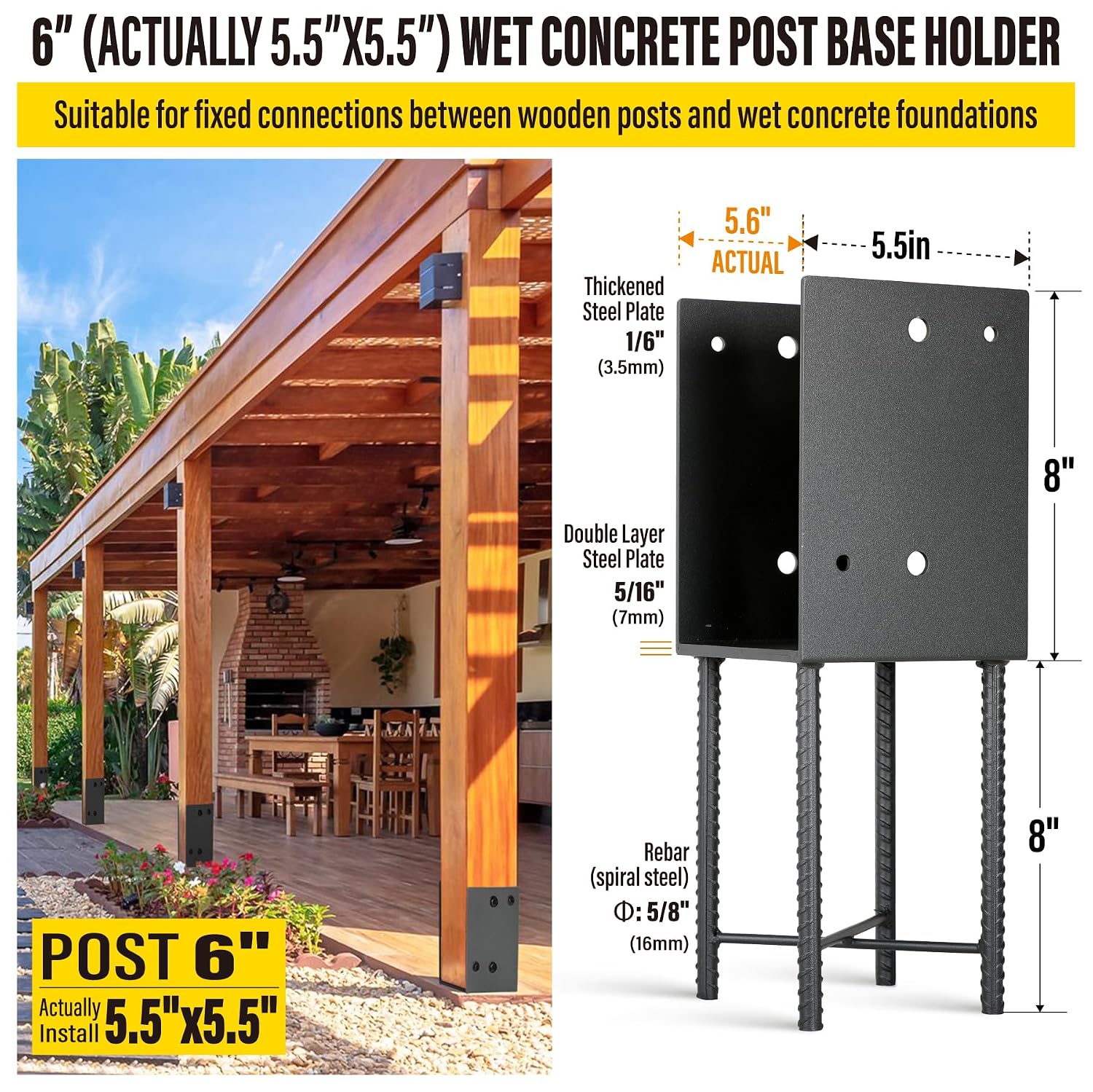 4Pack Heavy Duty Stainless Steel U-Shape Fence Post Holder - Fits 6'x6'(Actual 5.5' x5.5) Wood Posts, Wet Concrete Post Base for Fence, Deck Railing, Pergola