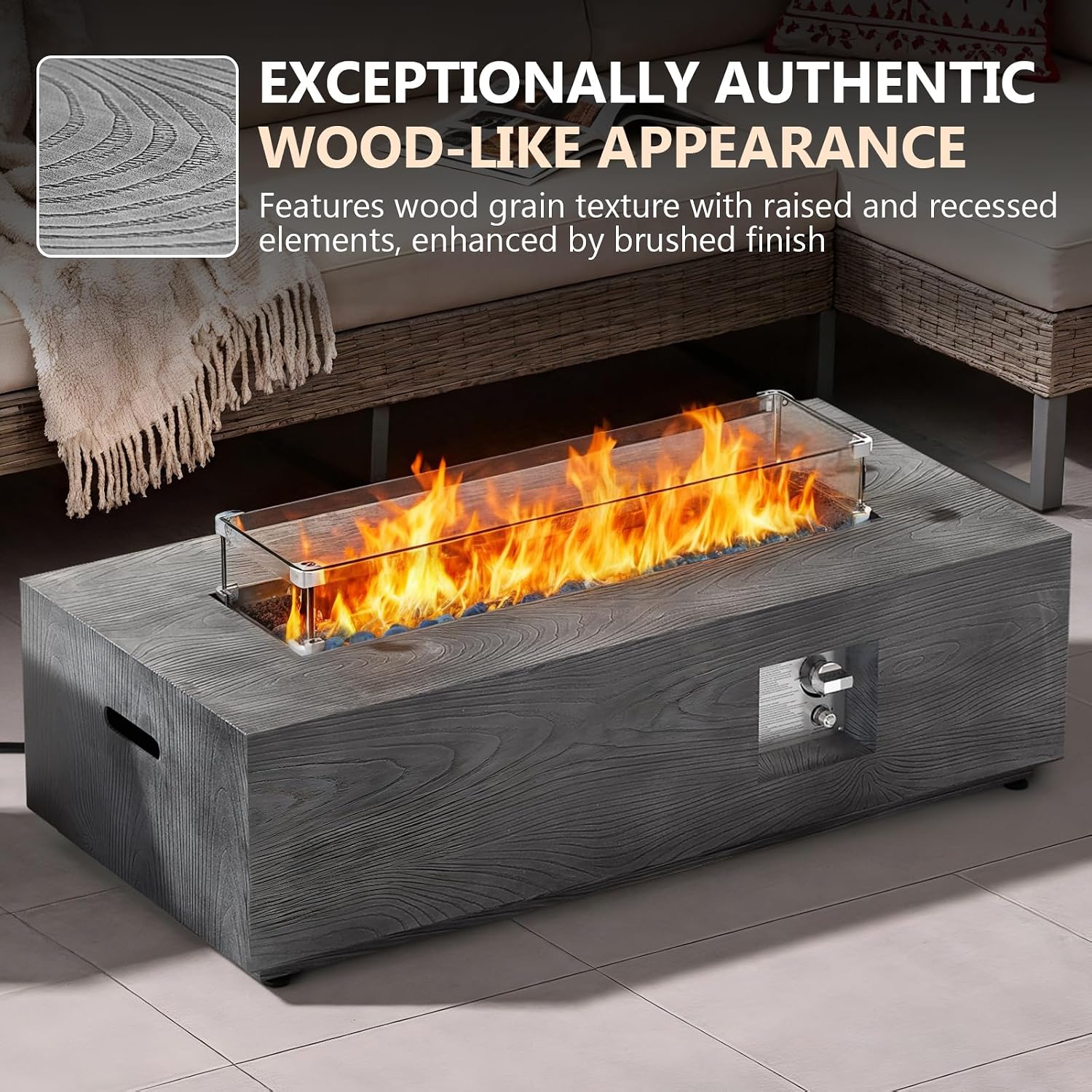 Dineli 2-Piece Outdoor Propane Fire Pit Table Set w Tank Table 42'' Rectangular Firepit with 50,000 BTU Output Gas Fire Pits for Outside Patio Fire Table Tabletop Fire Pits, Gray - Wood Grain