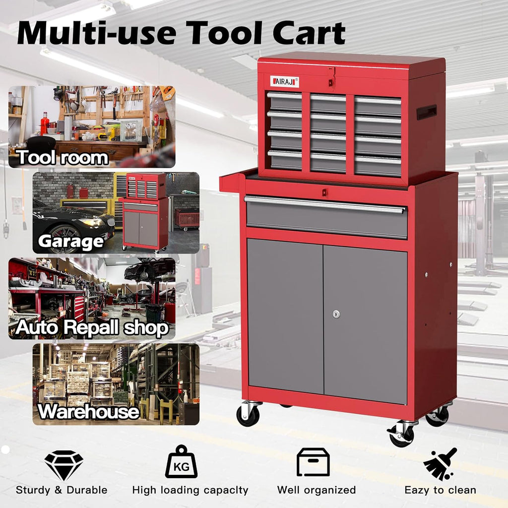 AIRAJ 7-Drawer Tool Chest with Wheels | 40'' H Rolling Tool Chest | Detachable Top Metal Tool Box | Garage Storage Cabinet for Repair Room | Rolling Tool Box with Hooks,Liners,Tray Divider | Red