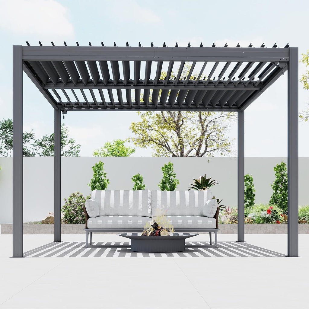 Domi 10x12FT Outdoor Louvered Pergola with Adjustable Roof, Alloy Rainproof Pergola for Backyard, Garden and Lawn,Gray