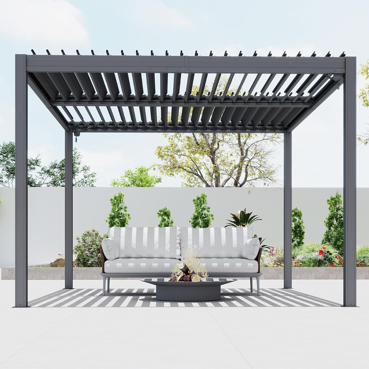 Domi 10x12FT Outdoor Louvered Pergola with Adjustable Roof, Alloy Rainproof Pergola for Backyard, Garden and Lawn,Gray