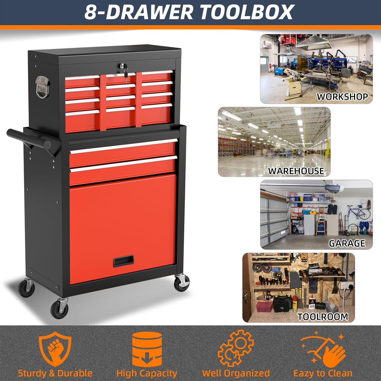 8-Drawer Rolling Tool Box, Lockable Rolling Tool Chest with Wheels and Drawers, 2 in 1 Large Capacity Storage Tool Cabinet for Warehouse, Garage, Tool Room and Repair Shop (Black&Red)