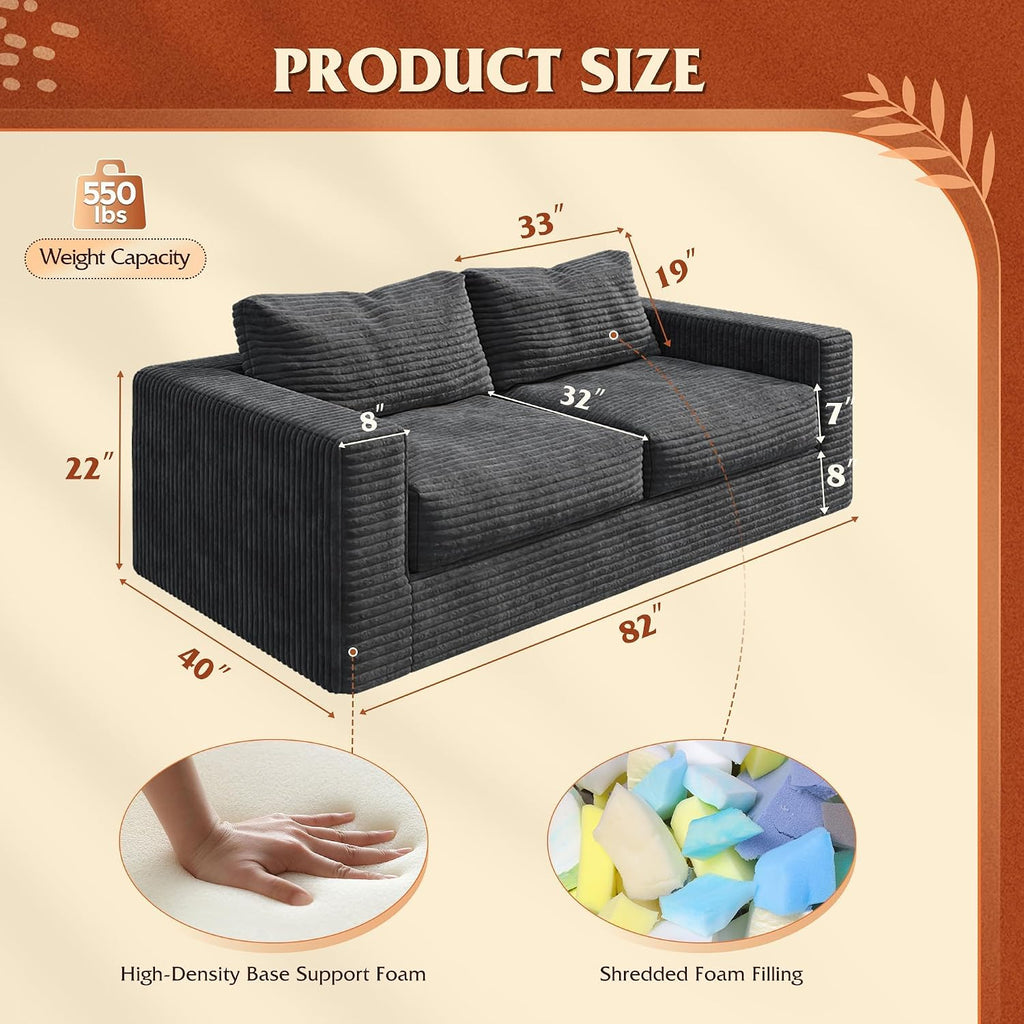 WLIVE 82'' Boneless Loveseat, Couches for Living Room, Bean Bag Couch for Adults, with Pillows, Giant Floor Couch, Plush Sofa, Grey, Loveseat