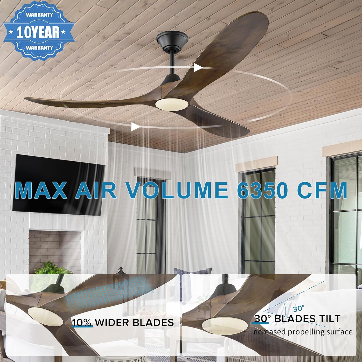 60 Inch Outdoor Ceiling Fan with Light, Damp Rated for Patio, Smart Alexa/App/Remote Control, 3 Walnut Wood Propeller Blades, High 8268 CFM Quiet DC Motor, Modern Farmhouse for Indoor Exterior Porch