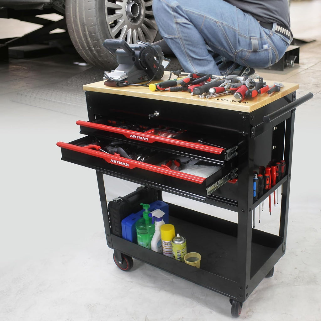 Rolling Tool Cart with 3-Drawer Utility Tool Box with Wheels Wood Top Mechanic Tool Storage Organizer Cabinet for Garage, Warehouse, Workshop, Repair Shop - Red
