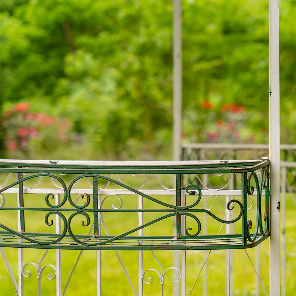 11ft. Tall Round Iron Gazebo with Four Side Walls & Flowers Baskets Seville (Antique White)
