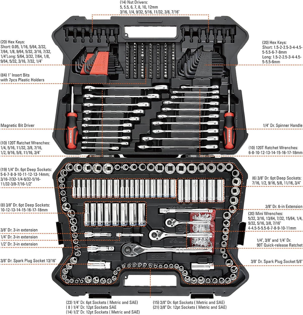 STARWORK TRUE MECHANIC 303-Piece Mechanics Tool Set and Socket Set, 1/4', 3/8', 1/2' Drive, Professional, SAE/Metric
