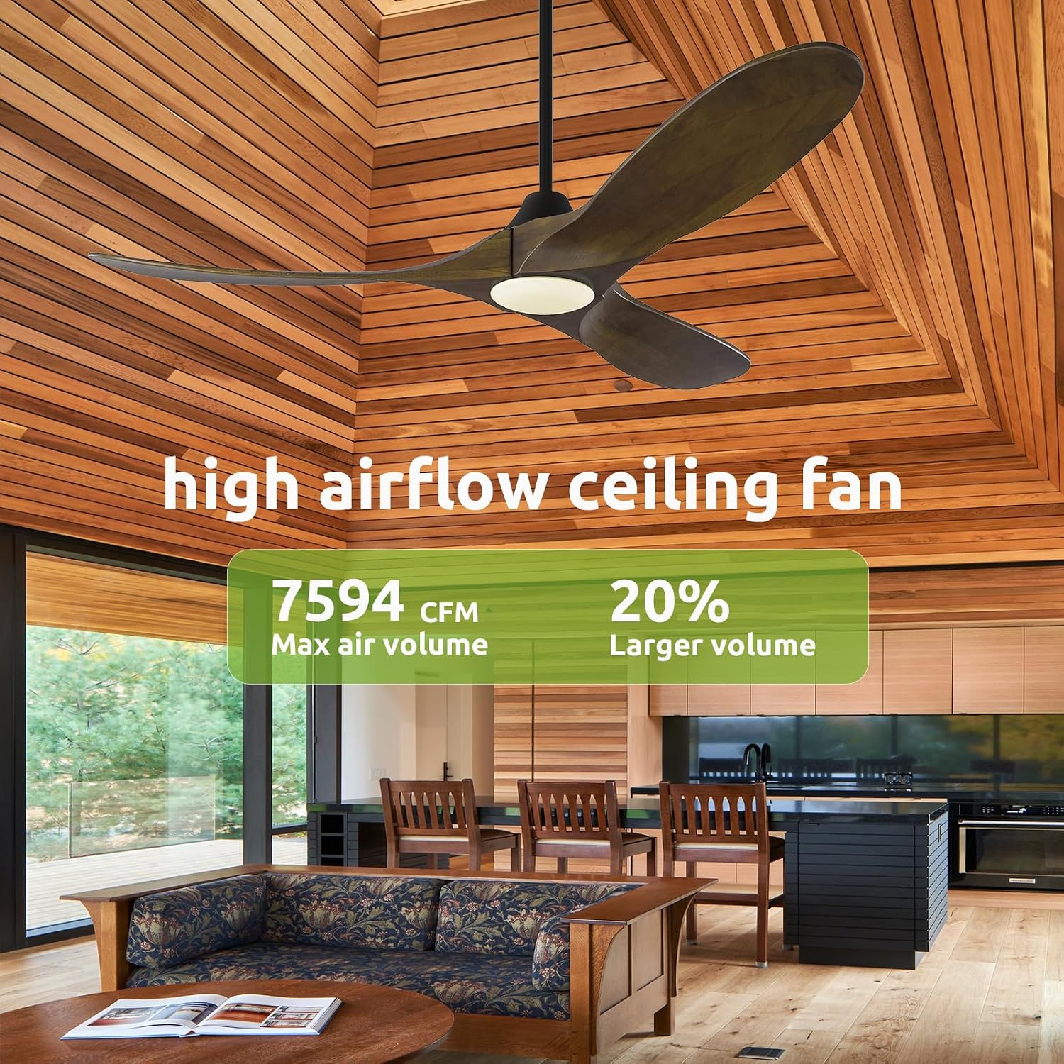 60 Inch Outdoor Ceiling Fans for Patios with Lights Damp Rated, Modern Farmhouse Wood Smart Ceiling Fan with Alexa Control, 3 Walnut Blades, Indoor High CFM Quiet DC Fan for Living Room Gazebo