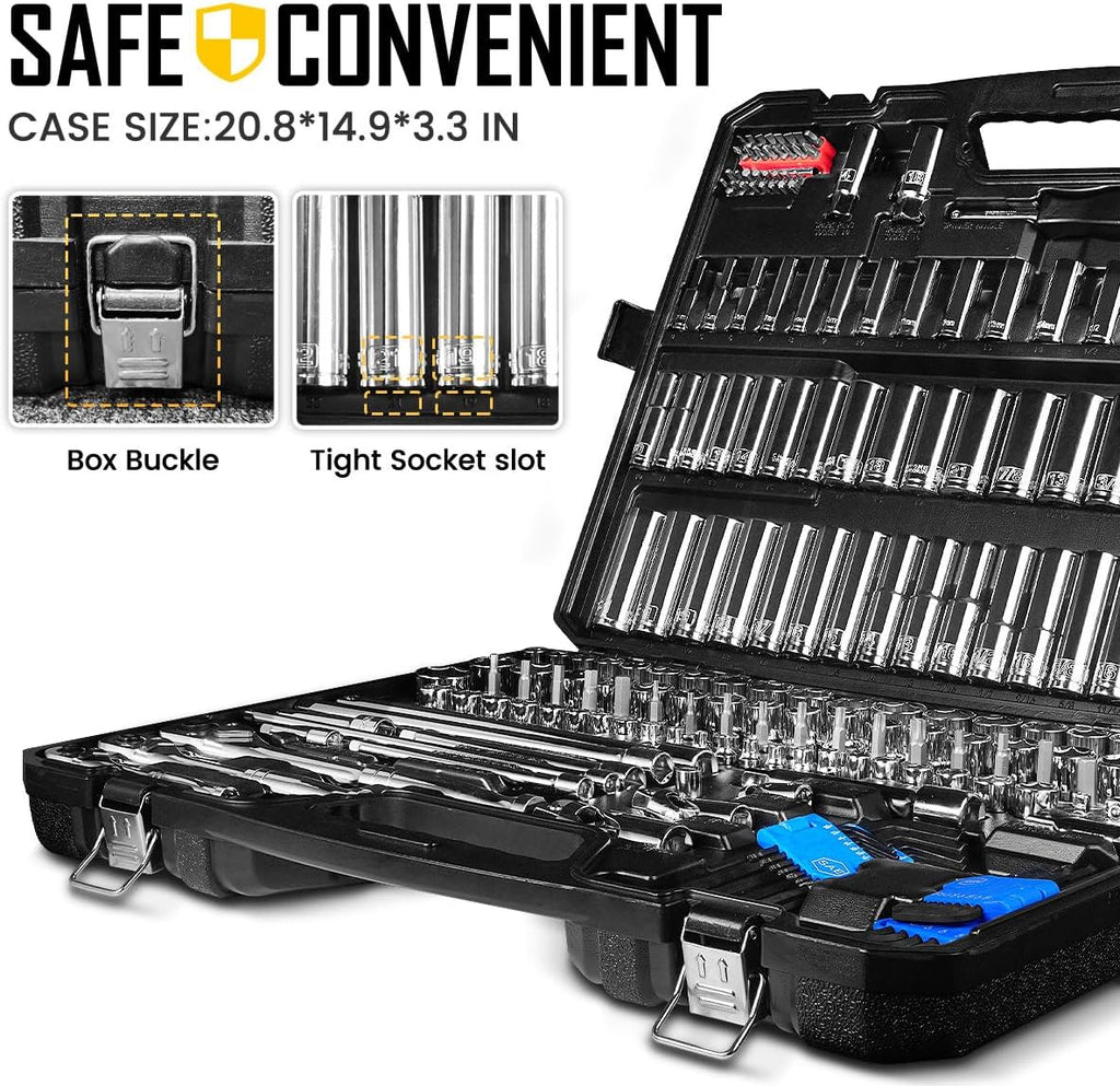 BOEN 225PCS Mechanic Tool Set, 1/4' & 3/8' & 1/2' Drive Socket Wrench Set, Metric and Standard Full Socket Set, with 90-Tooth Ratchet, Auto and Bike Repair with Heavy Duty Case