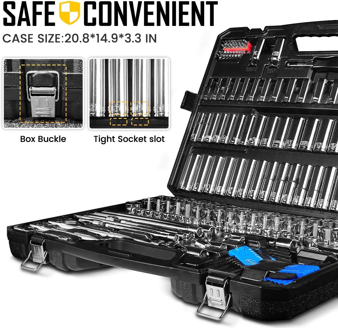 BOEN 225PCS Mechanic Tool Set, 1/4' & 3/8' & 1/2' Drive Socket Wrench Set, Metric and Standard Full Socket Set, with 90-Tooth Ratchet, Auto and Bike Repair with Heavy Duty Case