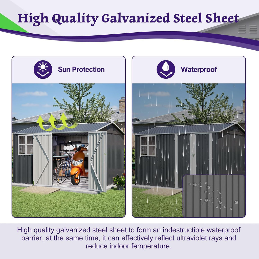 8x10 FT Shed Outdoor Storage Metal Large Garden Tool Sheds with Lockable Doors Floor Frame Window Gable Roof Waterproof Steel Utility Equipment Sheds for Backyard Patio Lawn Poolside, Grey