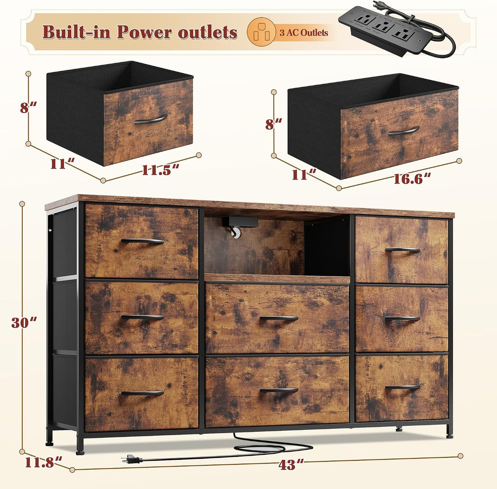 Dresser for Bedroom with Charging Station, 8 Drawers Dressers & Chests of Drawers for 50 55 inch TV, Dresser TV Stand for Bedroom, Fabric Dresser with Open Shelves for Living Room Hallway, Brown