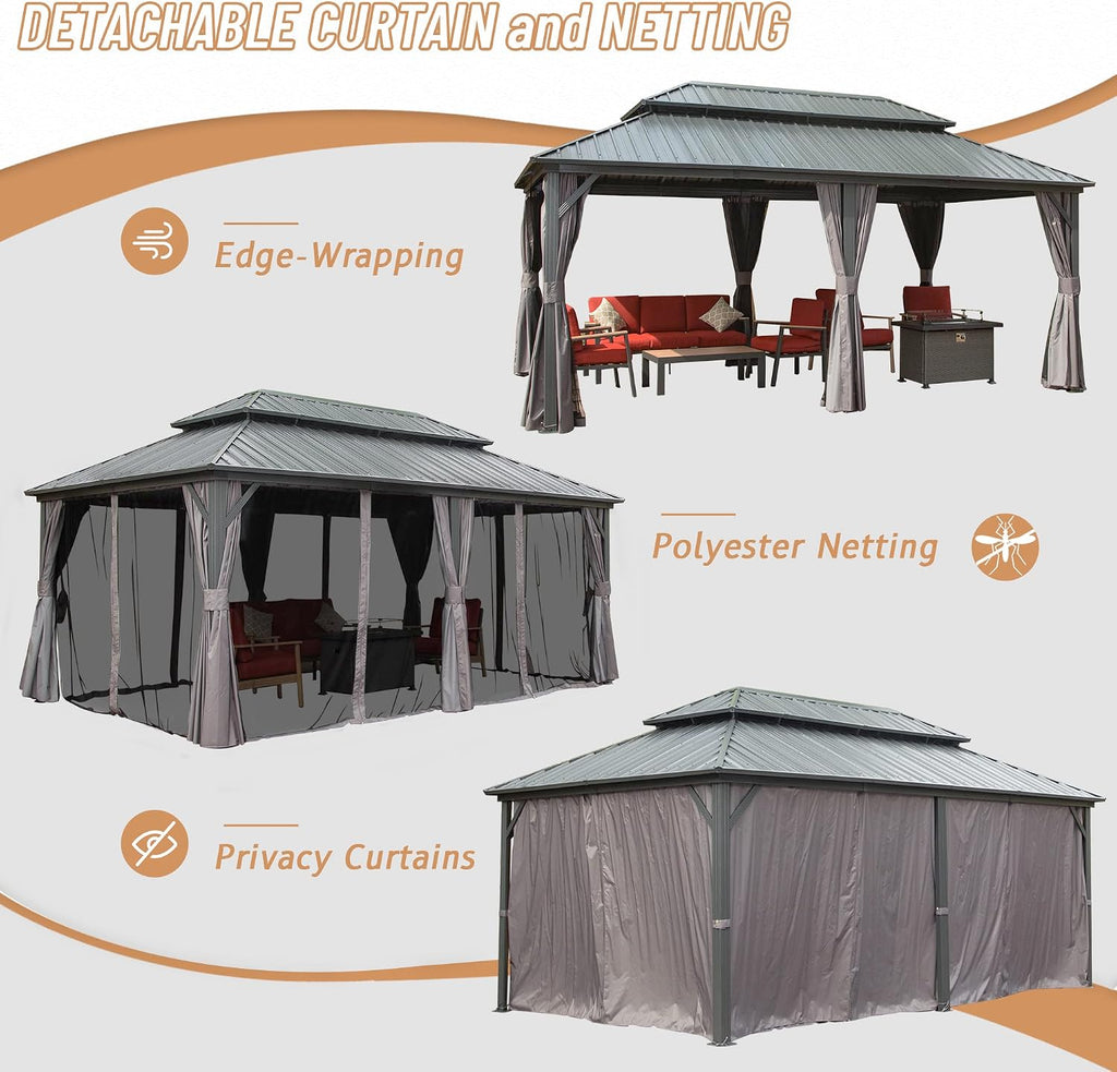 Domi 12' x 20' Hardtop Gazebo Permanent Metal Gazebo with Galvanized Steel Double Roof, Curtains and Netting for Patio, Backyard, Deck, Lawn, Grey
