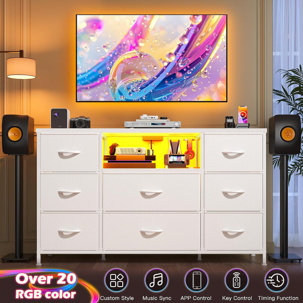 White Dresser for Bedroom with LED Lights & Charging Station, Dresser TV Stand for Bedroom with 8 Drawer for 55 inch TV, Fabric Dressers & Chests of Drawers with Open Shelves for Hallway Entryway