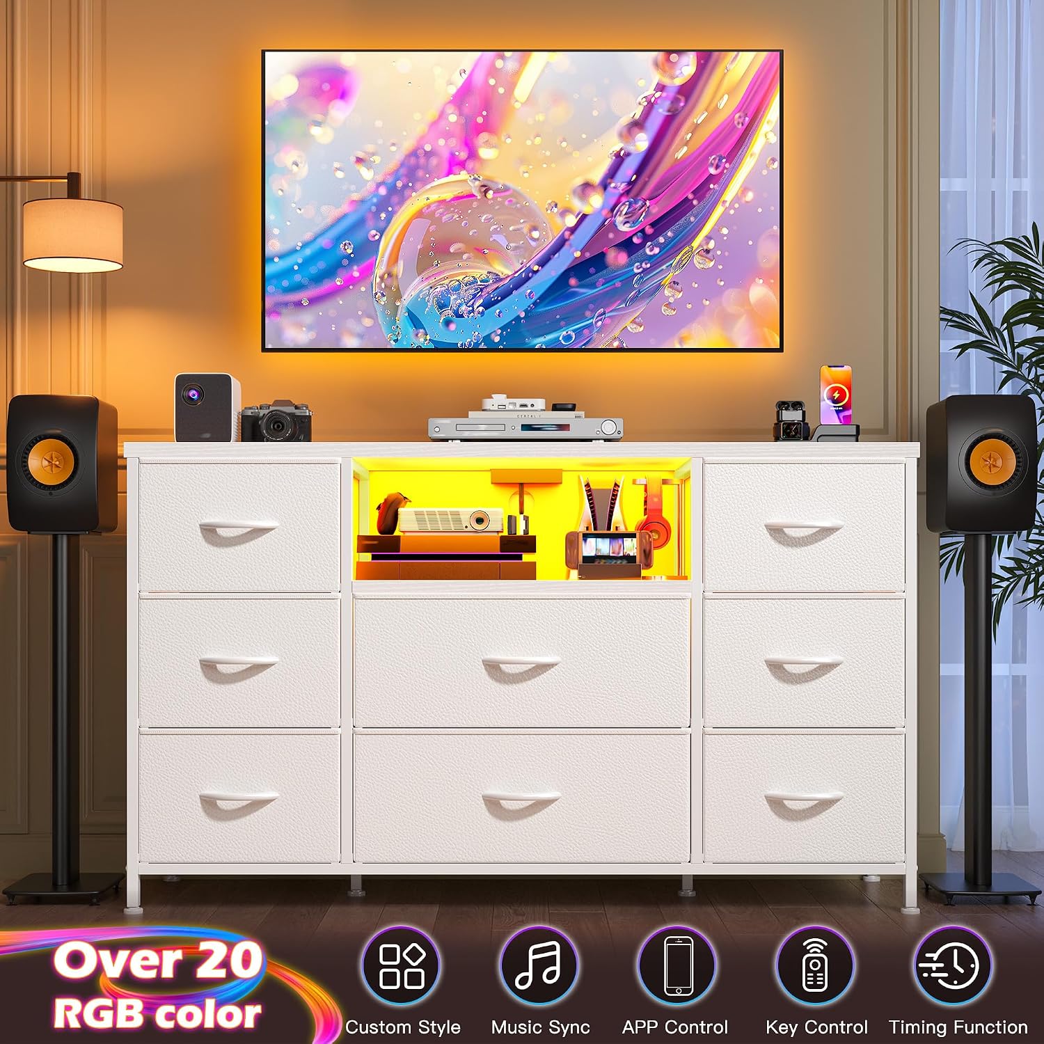 White Dresser for Bedroom with LED Lights & Charging Station, Dresser TV Stand for Bedroom with 8 Drawer for 55 inch TV, Fabric Dressers & Chests of Drawers with Open Shelves for Hallway Entryway