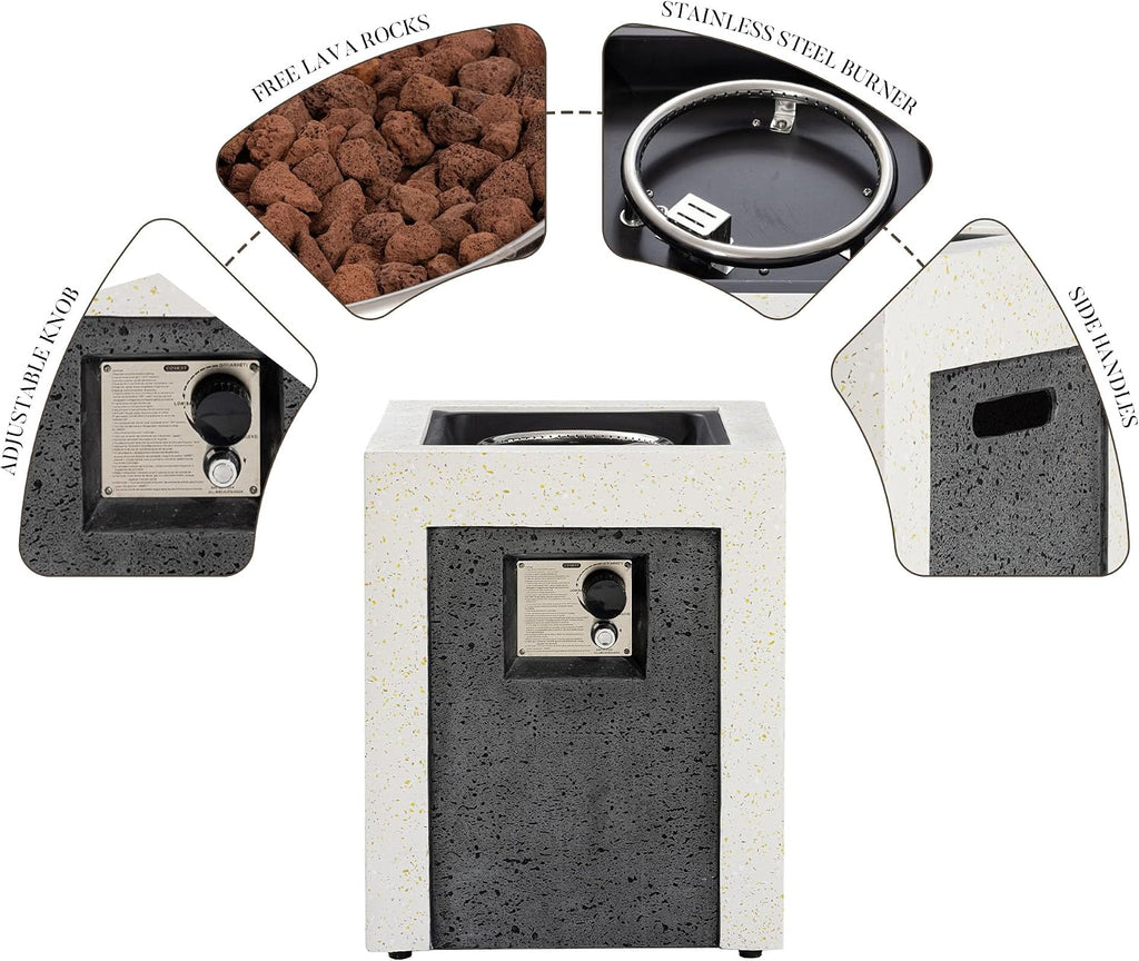 COSIEST Outdoor Propane Fire Pit Table w Compact Ledgestone 19-inch Square Graphite Base with Waterproof Cover, Certified, 40,000 BTU, Free Lava Rocks, Touch-up Pen, Fits 20lb (Grey&White)