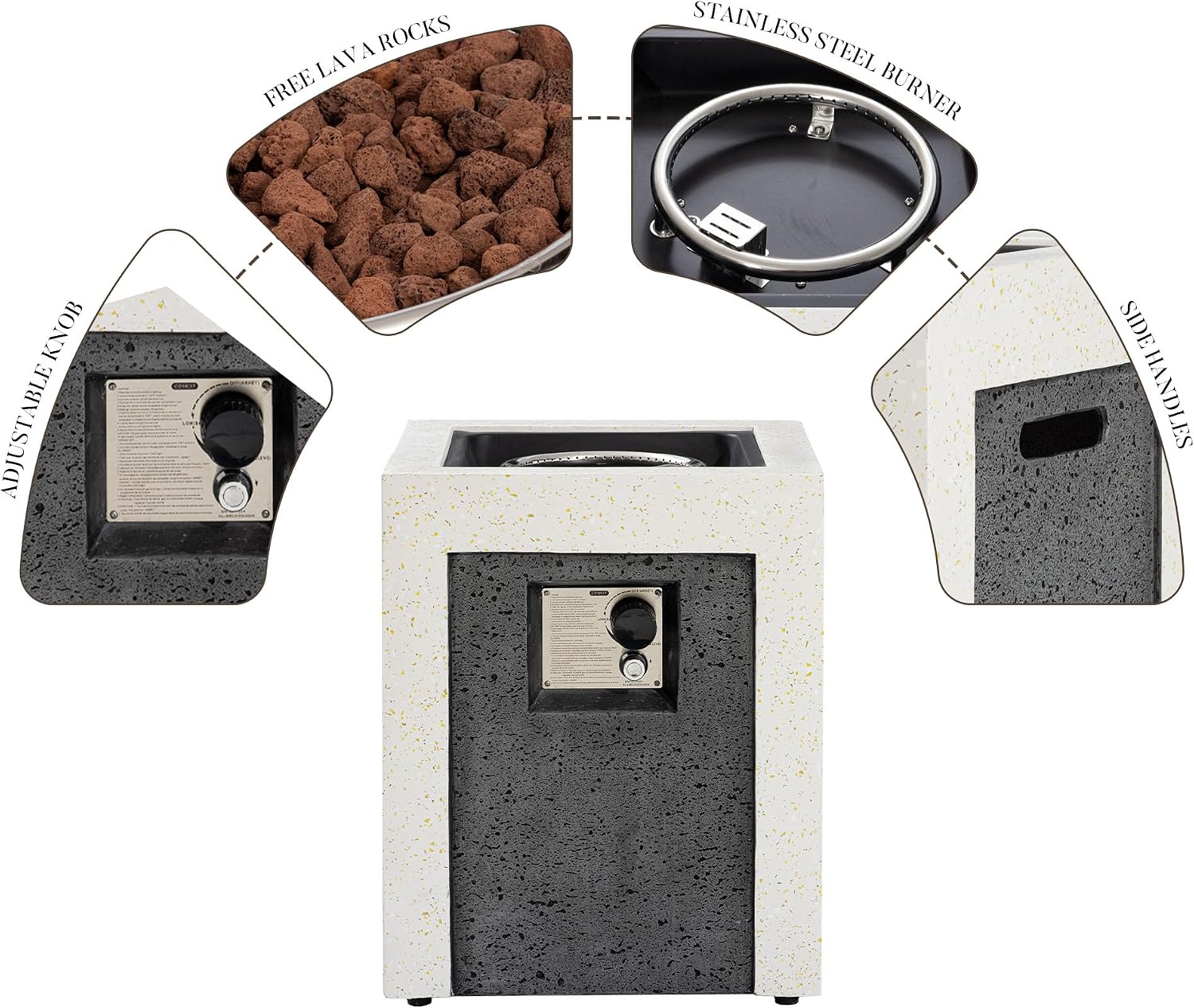 COSIEST Outdoor Propane Fire Pit Table w Compact Ledgestone 19-inch Square Graphite Base with Waterproof Cover, Certified, 40,000 BTU, Free Lava Rocks, Touch-up Pen, Fits 20lb (Grey&White)