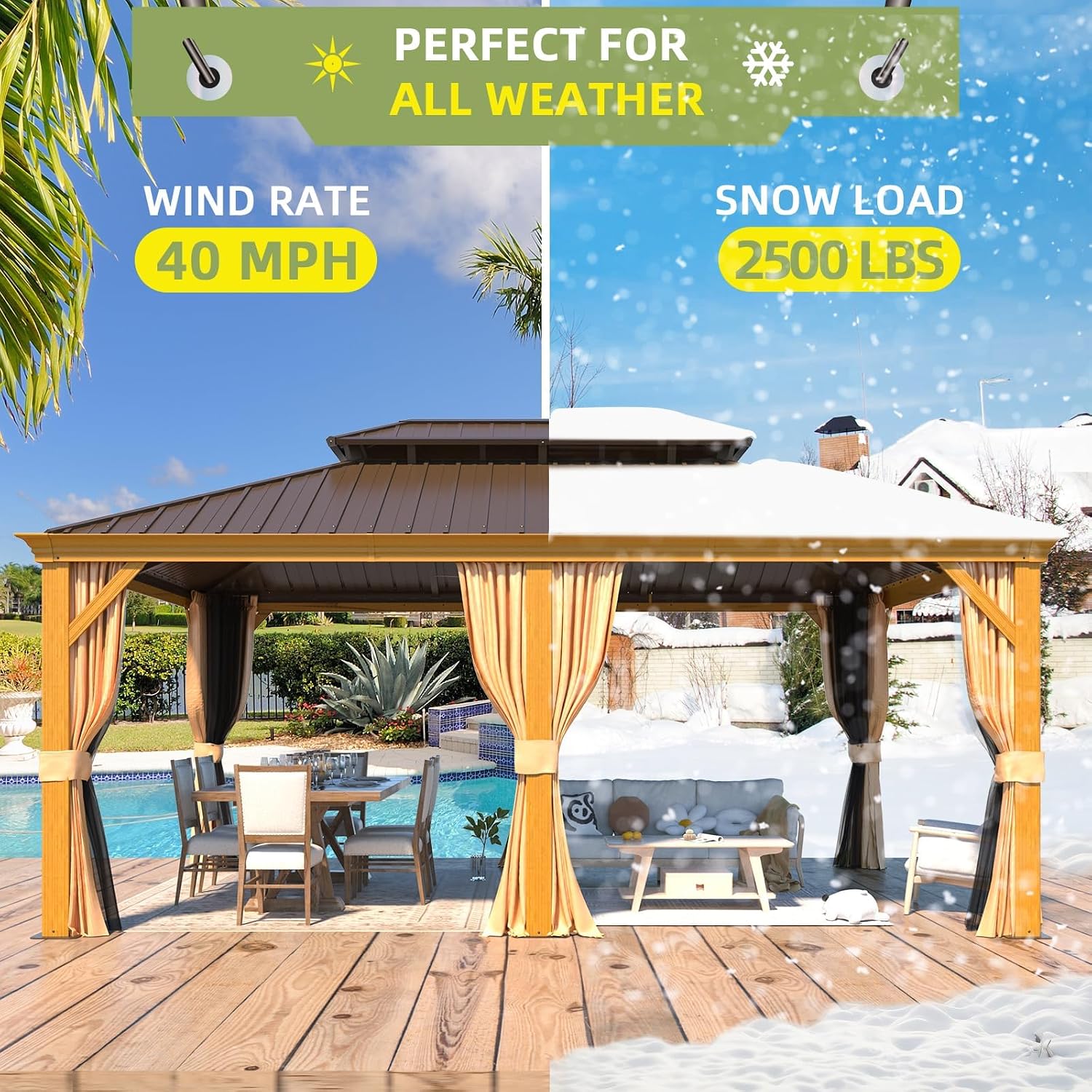 YOLENY 12'x18' Hardtop Gazebo, Wood Grain Aluminum Frame with Galvanized Steel Double Roof and Water Gutter, Outdoor Permanent Metal Pavilion with Curtains and Nettings for Patios, Gardens and Lawns