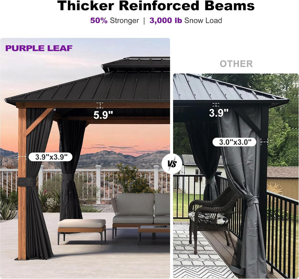 PURPLE LEAF 10' X 14' Hardtop Gazebo Outdoor Wood Grain Aluminum Frame Galvanized Steel Double Roof Gazebos with Lights for Patio Deck Backyard Garden