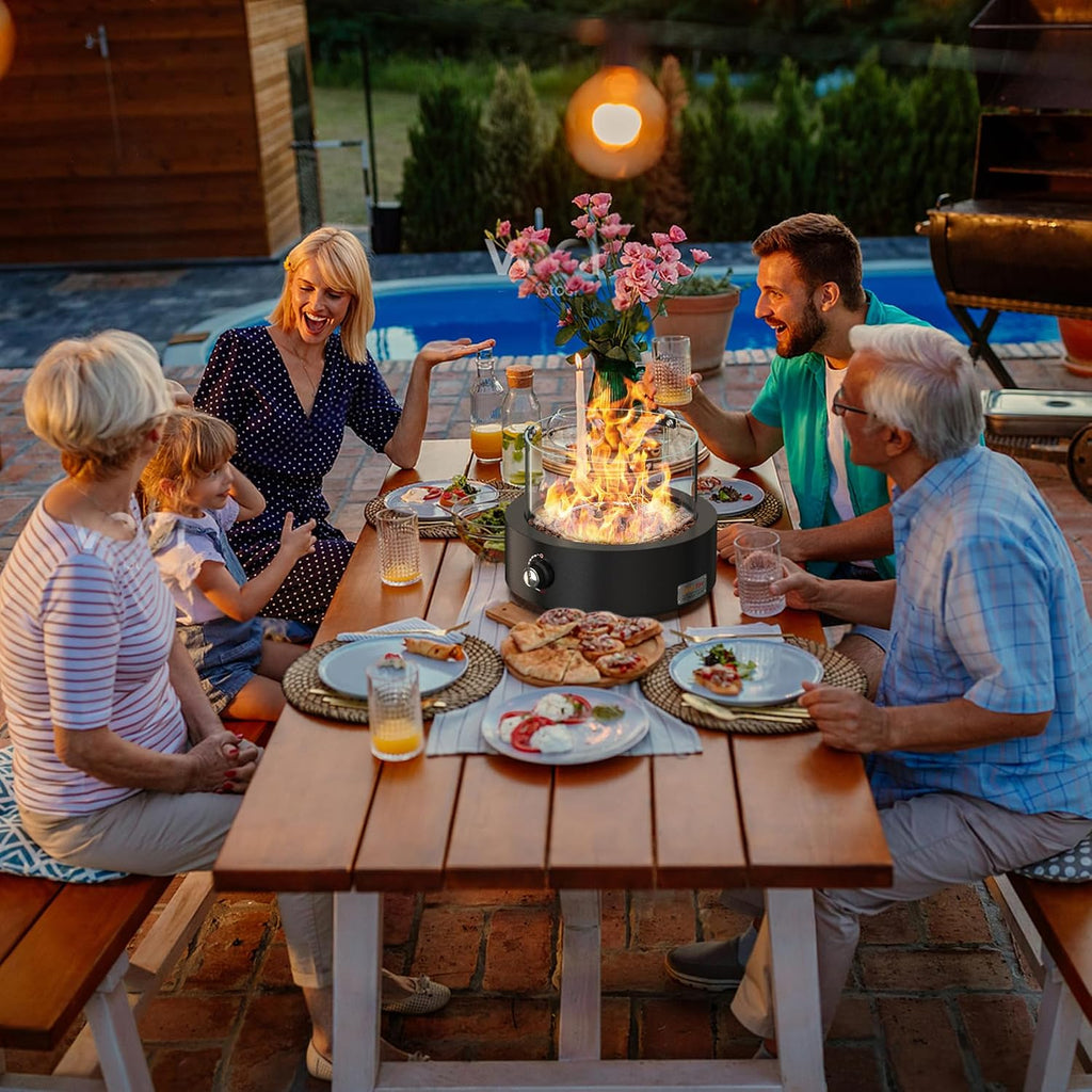 15.7' Portable Propane Gas Fire Pit Side-Mounted, Modern Tabletop Fireplace Smokeless Firepit with Glass Wind Guard for Patio Camping RV Tailgating, 23000BTU, Round FP038
