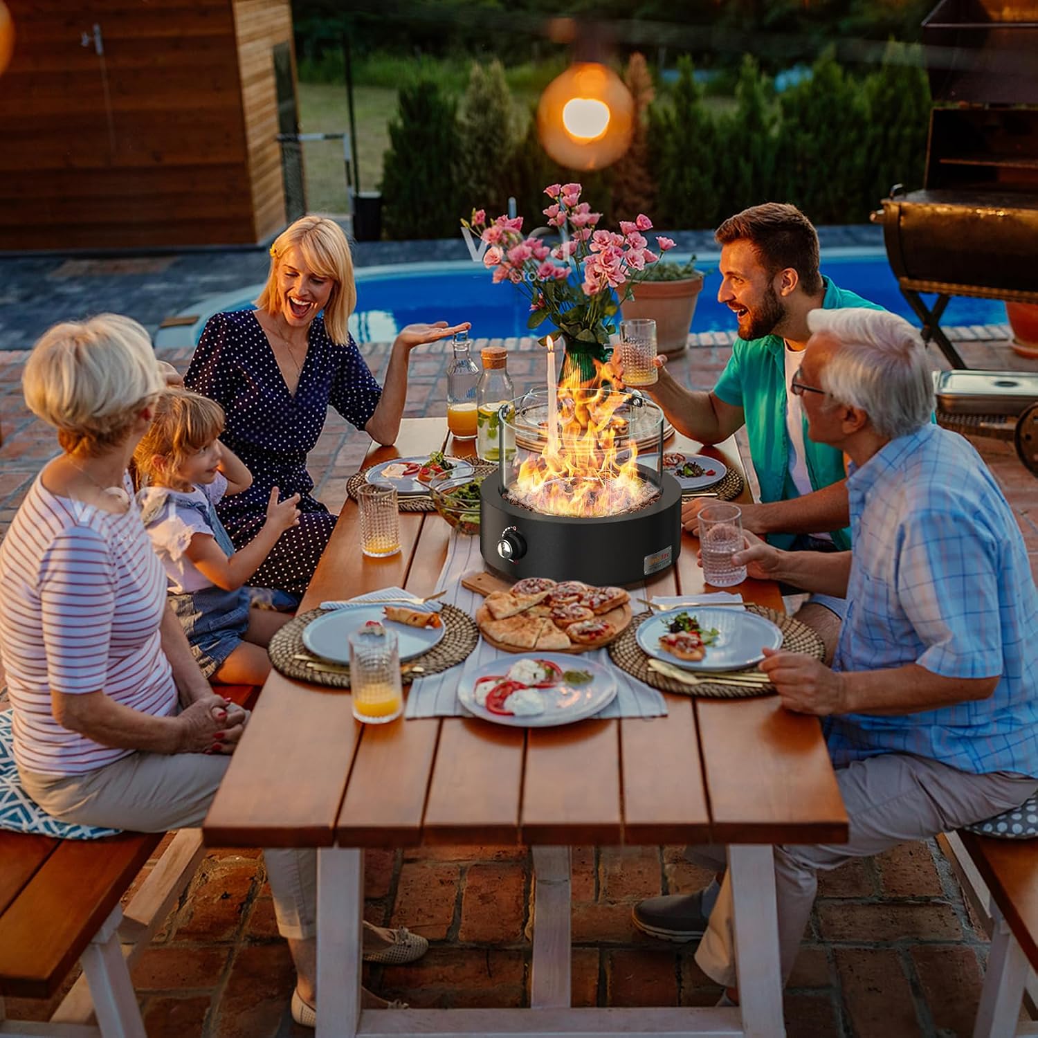 15.7' Portable Propane Gas Fire Pit Side-Mounted, Modern Tabletop Fireplace Smokeless Firepit with Glass Wind Guard for Patio Camping RV Tailgating, 23000BTU, Round FP038