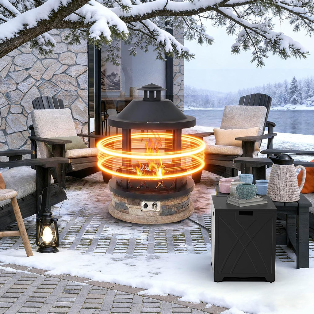 28-Inch Outdoor Gas Fire Pit with Tank Cover, 65,000 BTU Lantern Top Patio Propane Fire Pit, Gazabo Gas Fireplace with Faux Stone Base, Lava Rocks, Cover & Pre-Attached 10ft Propane Hose