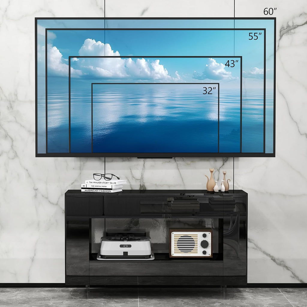 High Gloss TV Stand with 2 Large Drawers & Push-Open Doors - High Gloss Modern TV Console Storage Cabinet for Living Room, Office