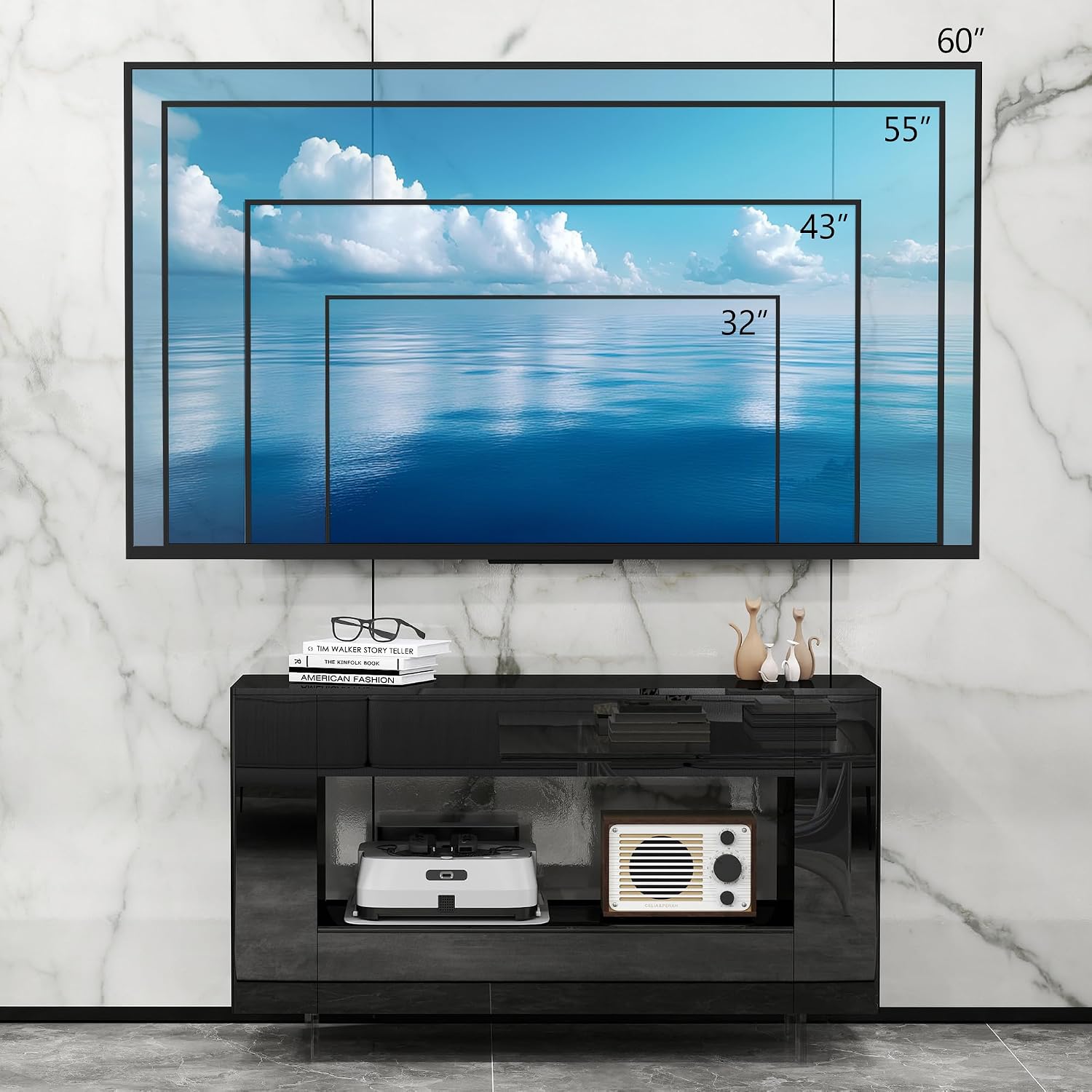 High Gloss TV Stand with 2 Large Drawers & Push-Open Doors - High Gloss Modern TV Console Storage Cabinet for Living Room, Office