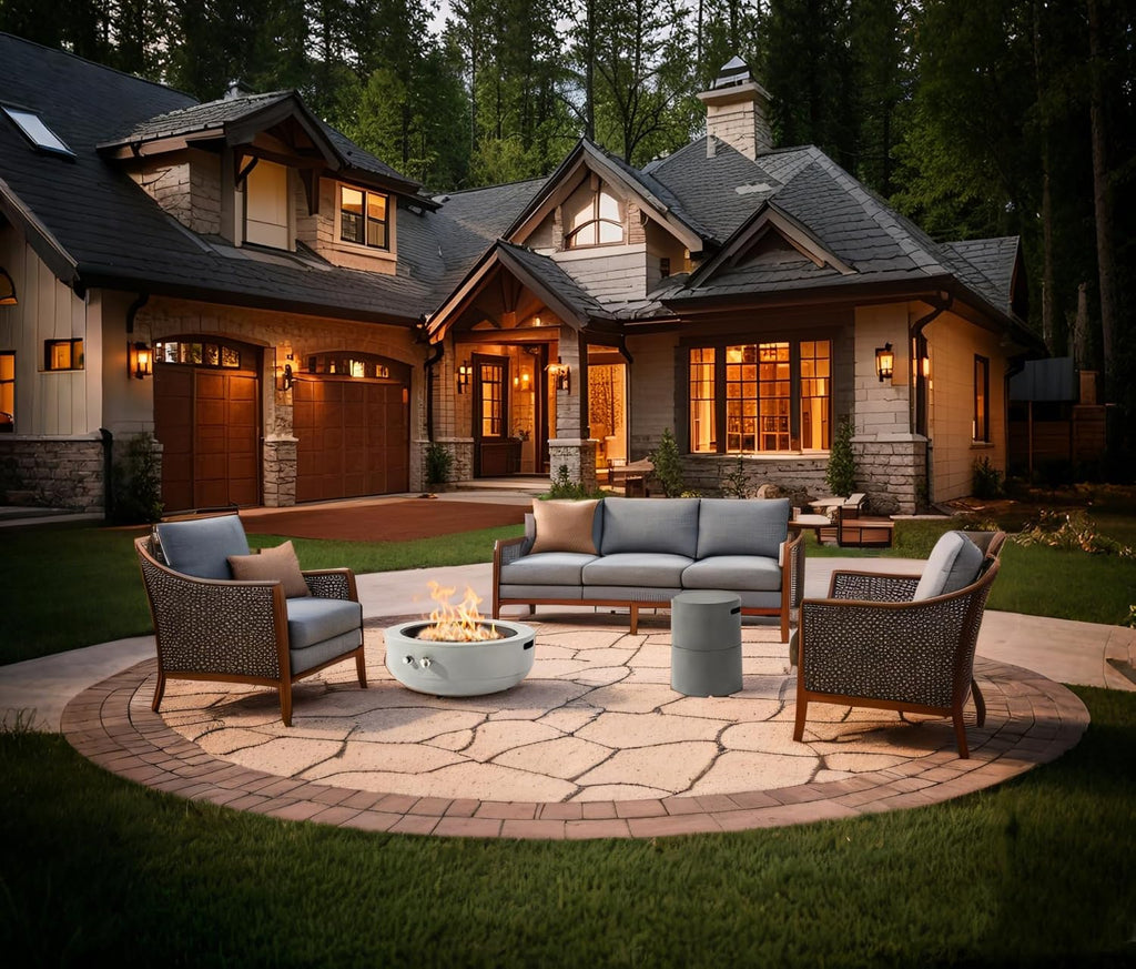 24'' Round Propane Fire Pit Table, Outdoor Steel Firepit with Lava Rocks - Compact Patio Heater for Deck, Balcony, Small Backyard (Tank Not Included).
