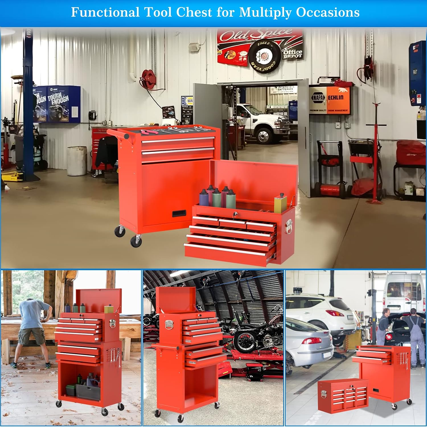 Go Big 8-Drawers Tool Chest Tool Box, Rolling Tool Chest with Wheels, Rolling Tool Box with Wheels, Garage Tool Storage Cabinet on Wheels, Locking System Toolbox(Red)