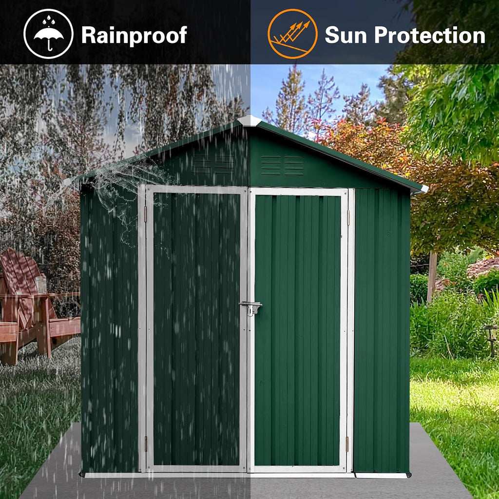 6 x 4 FT Metal Storage Shed, Outdoor Storage Shed with Lockable Door & Apex Roof, Durable Hinged Door for Garden, Backyard, Lawn, and Utility Storage, Shutter Vents, Weather-Resistant, Green and White