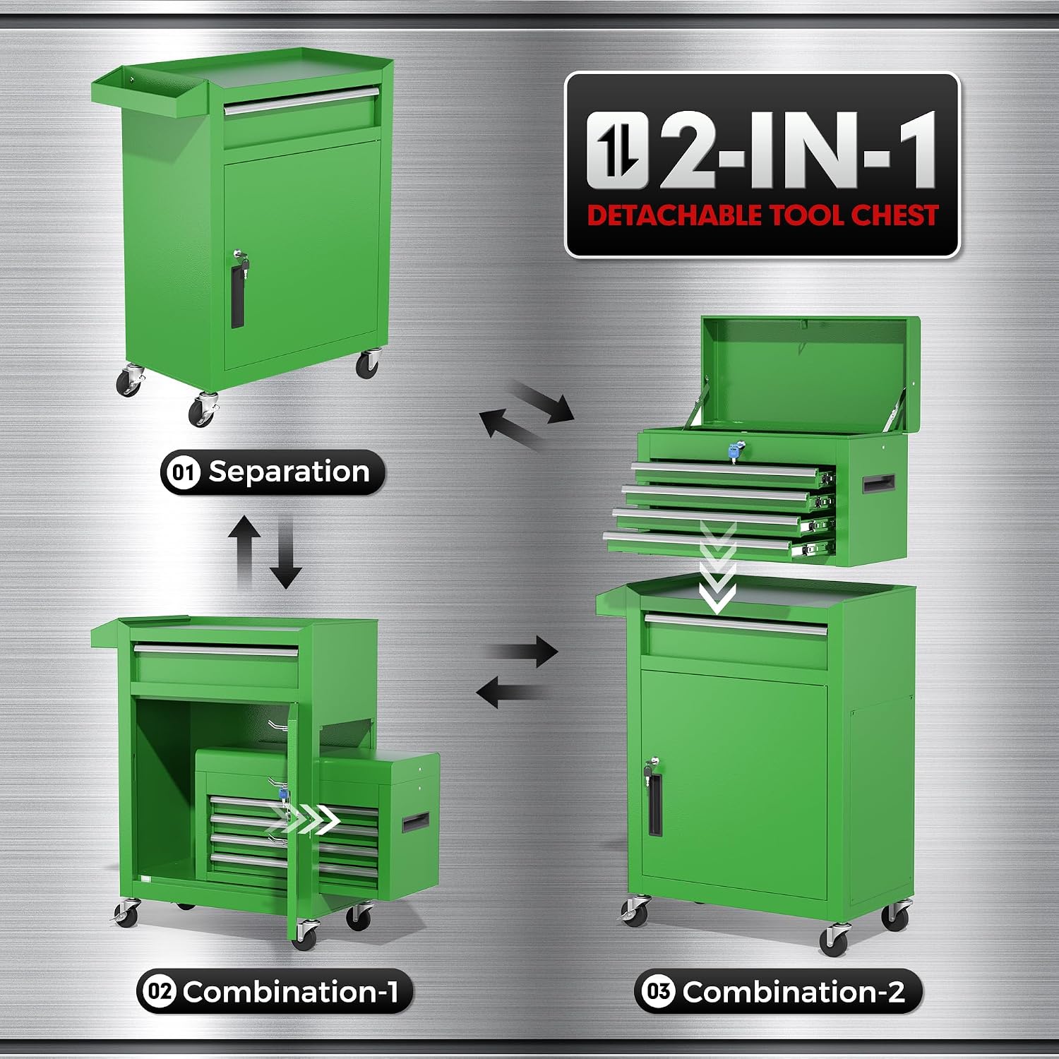 INTERGREAT Tool Chest Cabinet, 5-Drawer Rolling Tool Chest with Detachable Top Tool Box, Tool Chests with Universal Lockable Wheels, Metal Tool Cart for Garage, Workshop, Barbershop(Green)