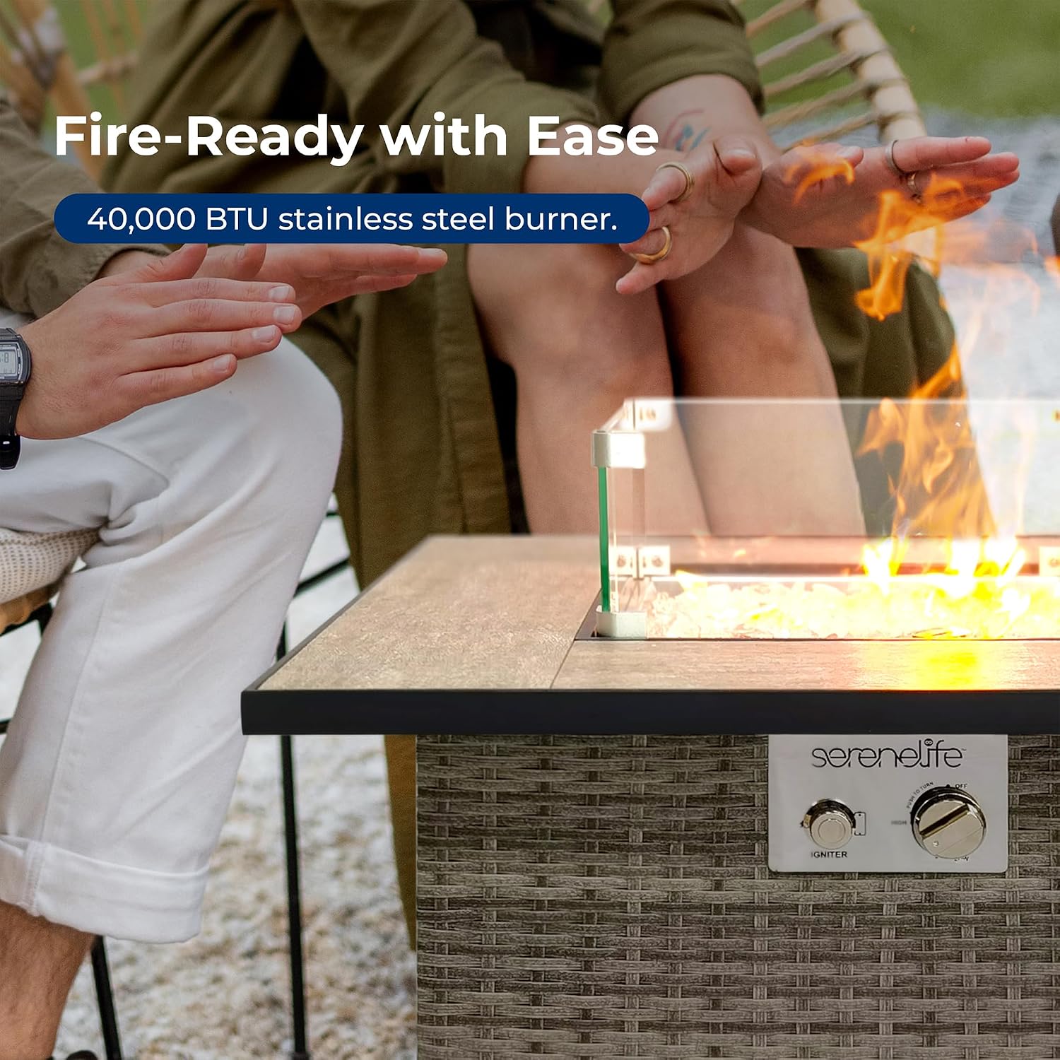SereneLife Outdoor Propane Fire Pit Table 50,000 BTU CSA ETL Certified Square Wicker Gas Fire Table with Tile Top, Adjustable Flame, Decorative Glass Rocks, Weather-Resistant for Patio or Backyard