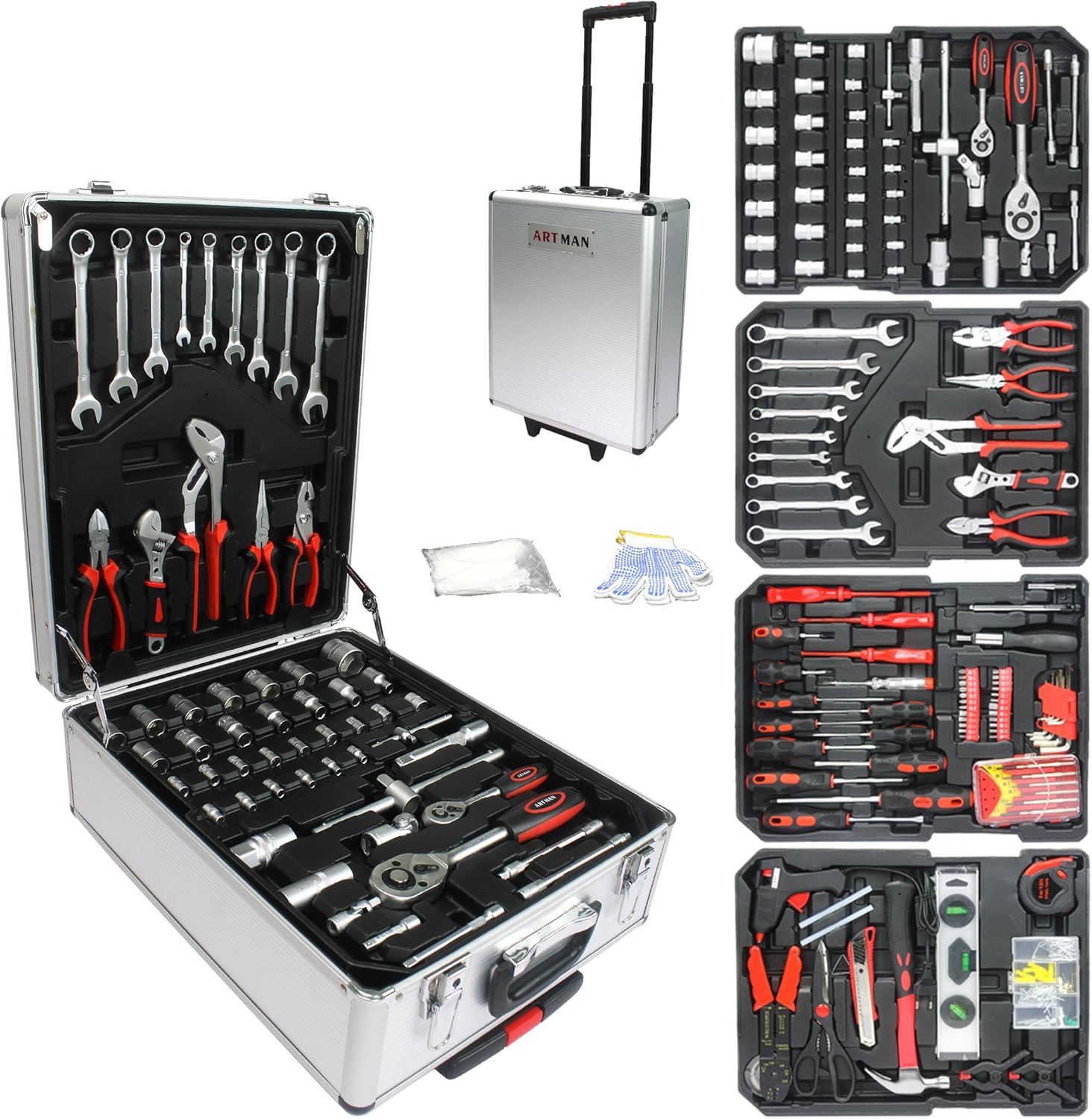 899pcs Rolling Tool Box Set with Lock,Rolling Trolley Case Tool Sets, 4 Layer of Tool Sets 90 Piece Tool Kits on Wheel, Wrench Socket Rolling Hand Tool Box Tool Kit for Garage,Repair Kit(White)