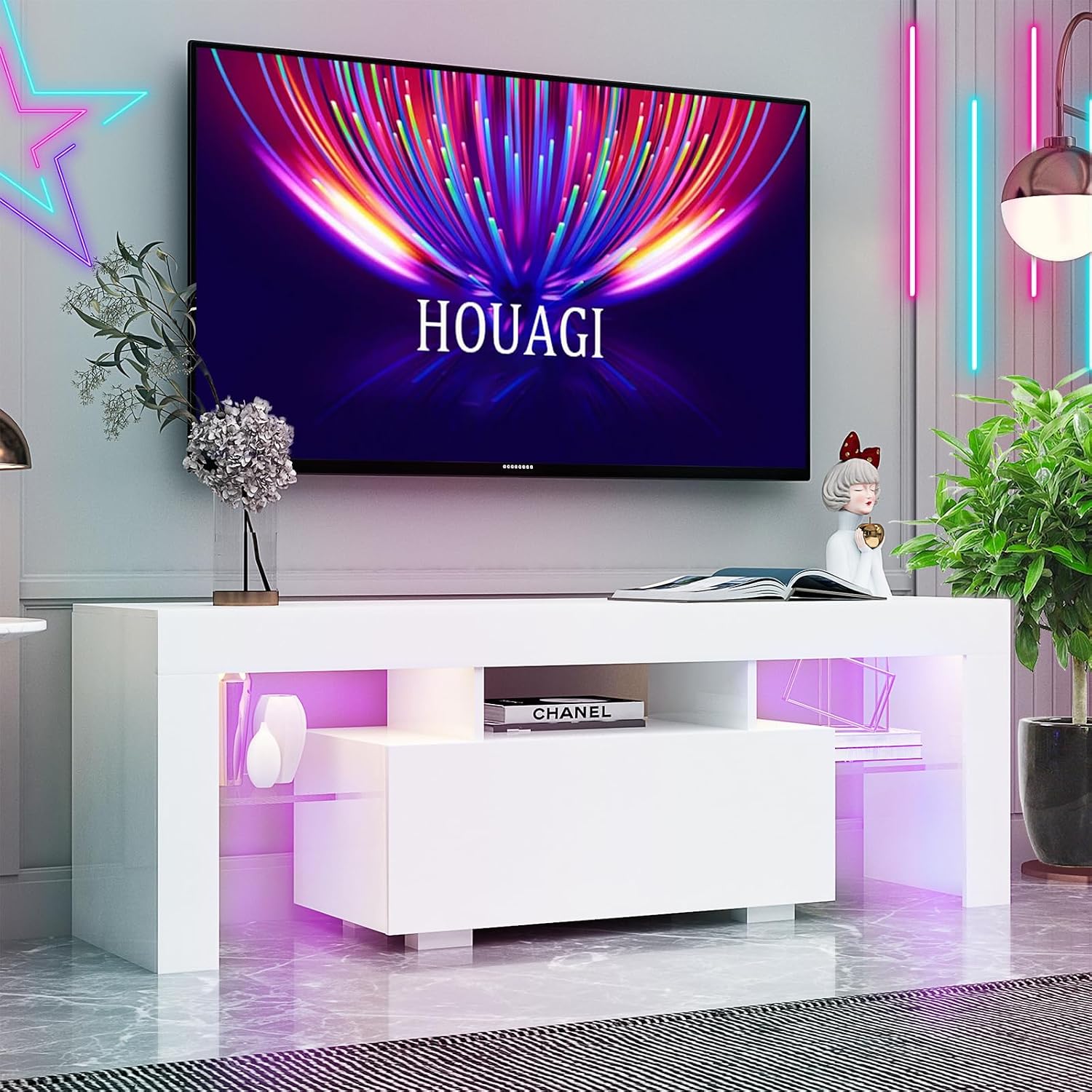 HOUAGI LED TV Stand for 32-55 Inch TV,Modern High Gloss Entertainment Center w/Storage Drawer and Color Changing Lights Video Gaming,Movies,Home Decor White-2