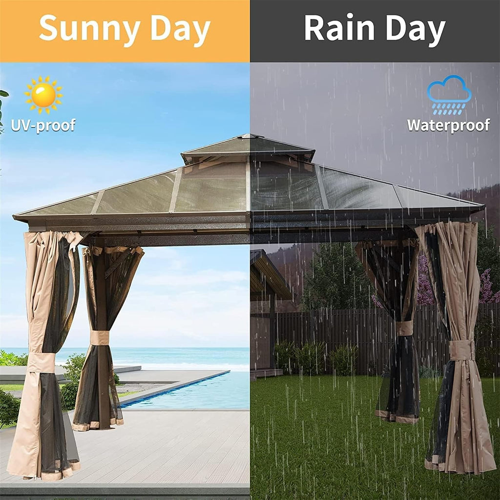 12x12Ft Hardtop Gazebo Outdoor Patio Gazebos with Polycarbonate Double Roof Aluminum Frame Pavilion with Curtain and Netting for Garden Patio Lawns Deck Backyard, Brown