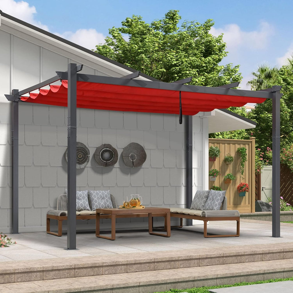 PURPLE LEAF 9.5' X 13' Outdoor Retractable Pergola Against The Wall with Shade Canopy Patio Aluminum Shelter for Porch Garden Pavilion Grill Gazebo Modern Backyard Metal Grape Trellis Pergola, Terra