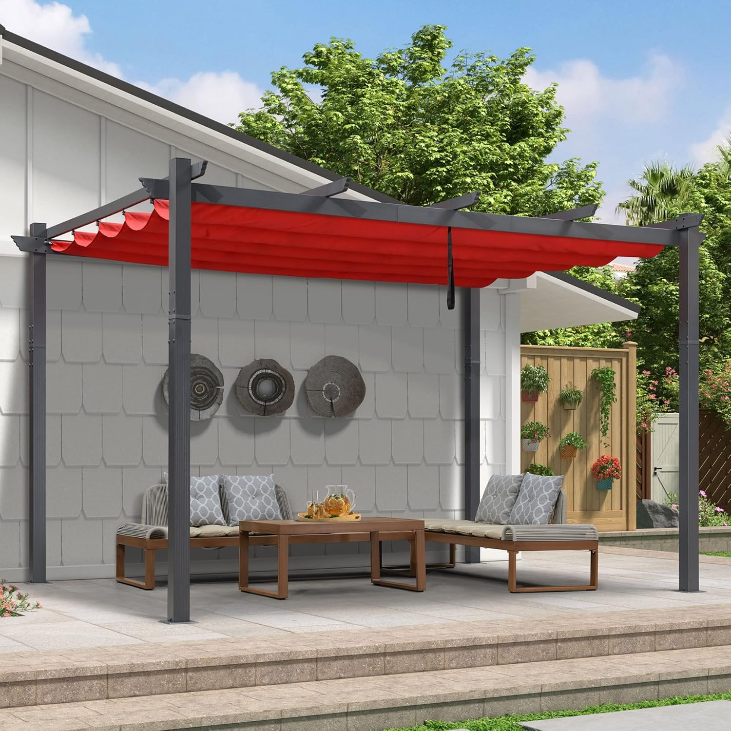 PURPLE LEAF 9.5' X 13' Outdoor Retractable Pergola Against The Wall with Shade Canopy Patio Aluminum Shelter for Porch Garden Pavilion Grill Gazebo Modern Backyard Metal Grape Trellis Pergola, Terra