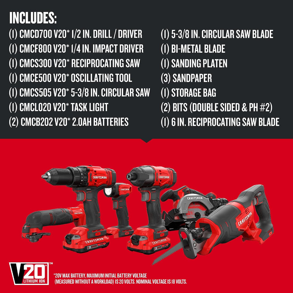 CRAFTSMAN V20 Cordless 6-Tool Combo Kit With Two 2.0 Ah Batteries and Charger (CMCK601D2)