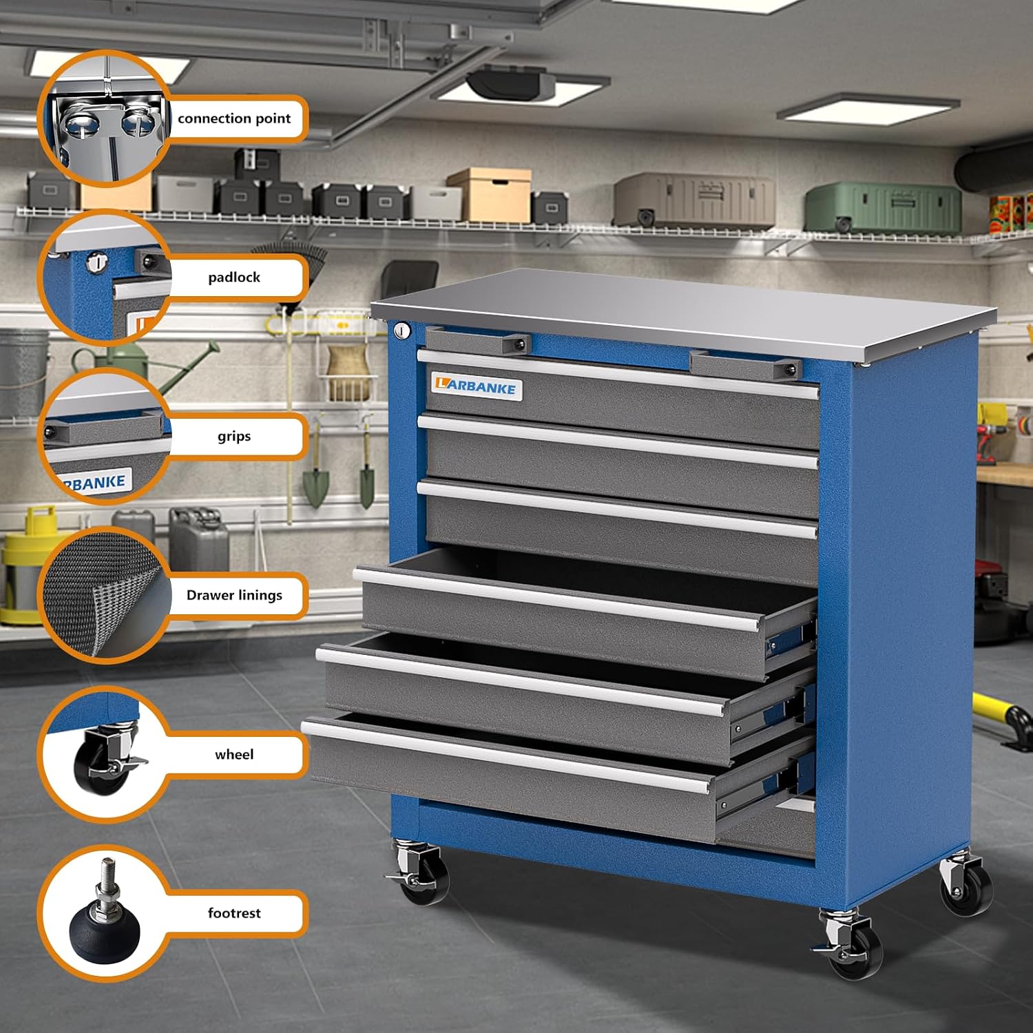 LARBANKE 7-Drawer Rolling Toolbox,Tool Box with 360° Lockable Wheels and Padded Feet,Tool Chest with Keyed Locking System and Drawer Liners,can be Combined Storage System with Tool Chest
