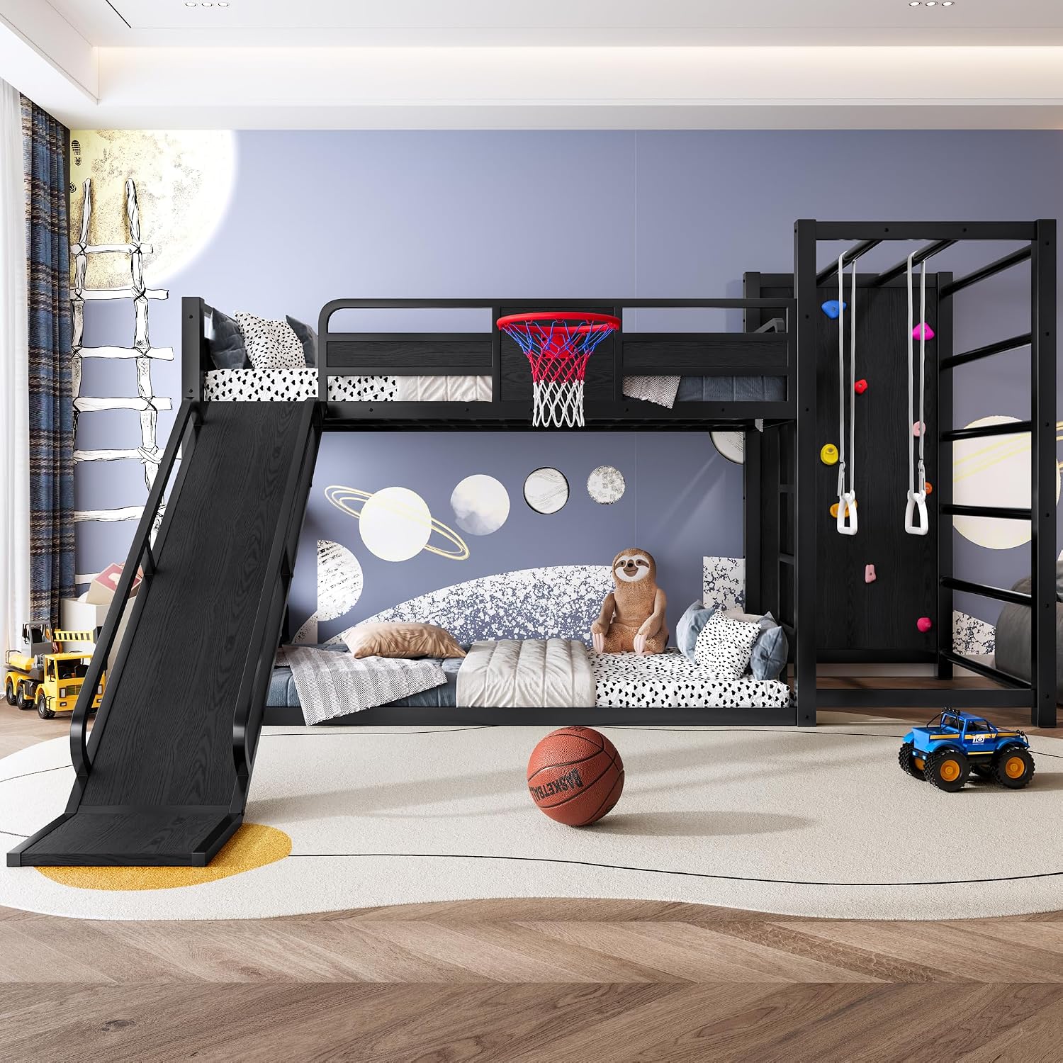 SOFTSEA Twin Size Metal Loft Bed with Slide, Heavy Duty Bunk Bed with Basketball Hoop, Climbing Wall & Pull Up Rings for Kids Teens Adults, Basketball Slide Bed, No Noise, Black