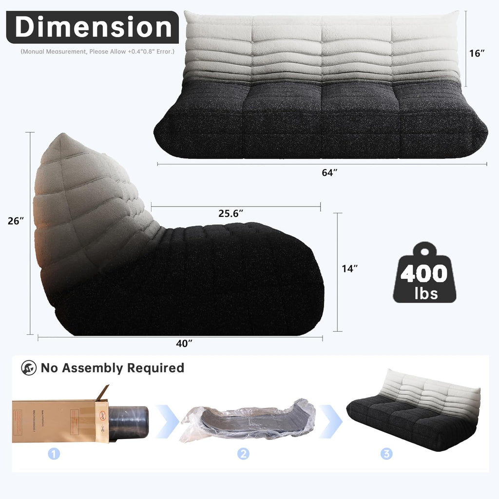 WHGBJA Bean Bag Chairs for Adults, BeanBag Reading Chair Memory Foam Couch 3-Seater, Floor Chair Soft Teddy Material, Comfy Reading Nook Chairs for Bedroom Living Room Office (Black White)