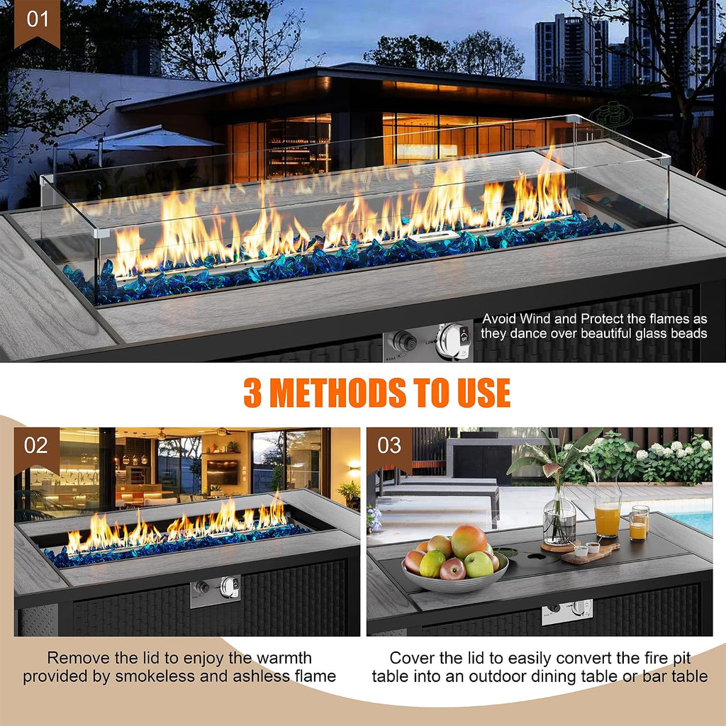Shintenchi 45 Inch Outdoor Propane Fire Pit 50,000 BTU Gas Fire Pit Table with Lid, Glass Wind Guard, Waterproof Cover, Rectangle Gas Firepit Table for Garden/Patio, CSA Certification