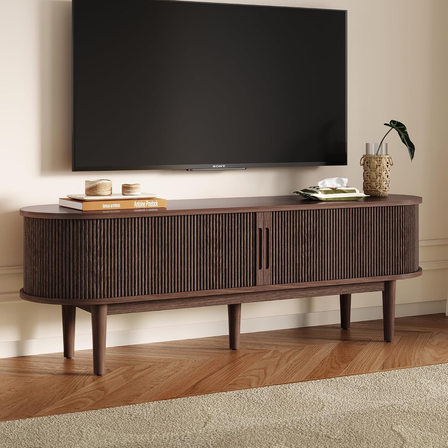 LINSY HOME 58' Fluted TV Stand for TVs up to 65 Inch, Mid Century Modern Entertainment Center with Storage Cabinet and Sliding Doors, Farmhouse Wood Media TV Console for Living Room, Bedroom, Walnut