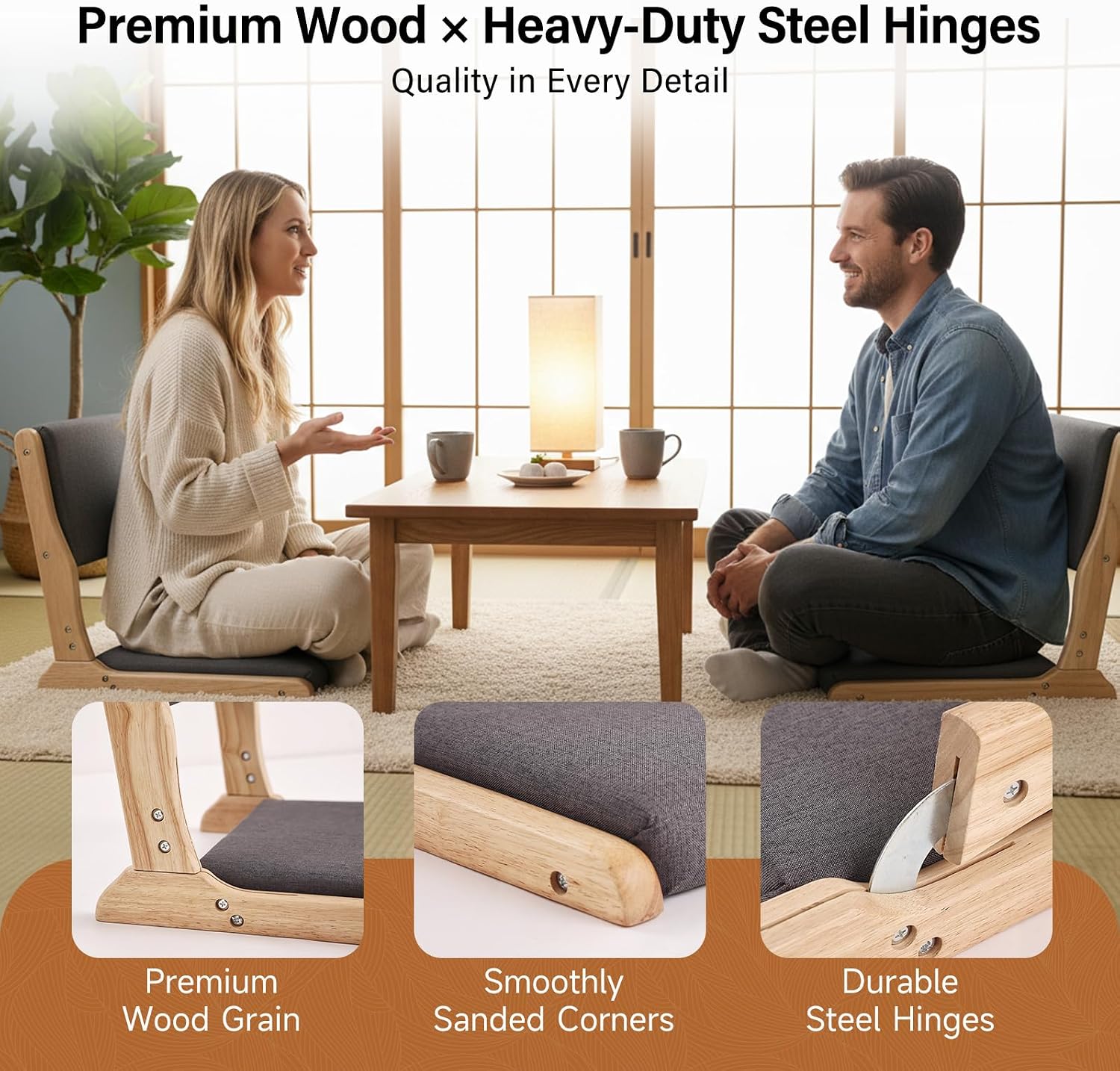 Tiita Floor Chair with Back Support, Foldable Meditation Tatami Chairs, Backrest Chair with Cushion, Living Room Chair Seat 2 Pack, Wood Dark Grey