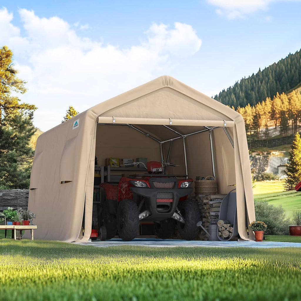 ADVANCE OUTDOOR 10X15 ft Garage Shelter Steel Metal Peak Roof Portable Storage Shed Carports for Motorcycle Boat, or Garden Tools with 2 Roll up Doors & Vents, Beige
