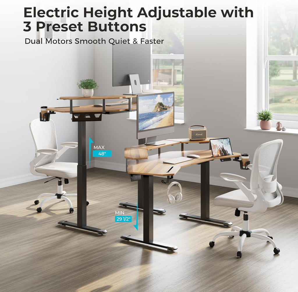 EUREKA ERGONOMIC Standing Gaming Desk with Dual Motor,63' Wing Shaped Computer Desk w Mouse Pad, Electric Adjustable Height Table w LED Monitor Stands,Slot Design,Walnut