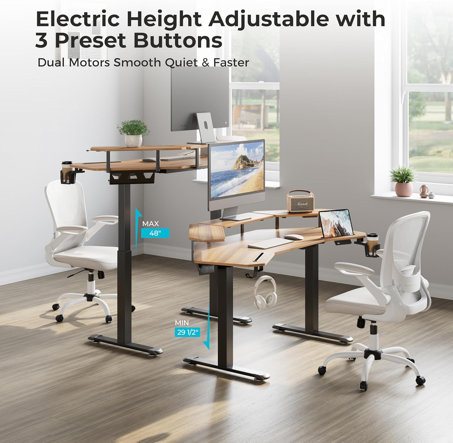 EUREKA ERGONOMIC Standing Gaming Desk with Dual Motor,63' Wing Shaped Computer Desk w Mouse Pad, Electric Adjustable Height Table w LED Monitor Stands,Slot Design,Walnut